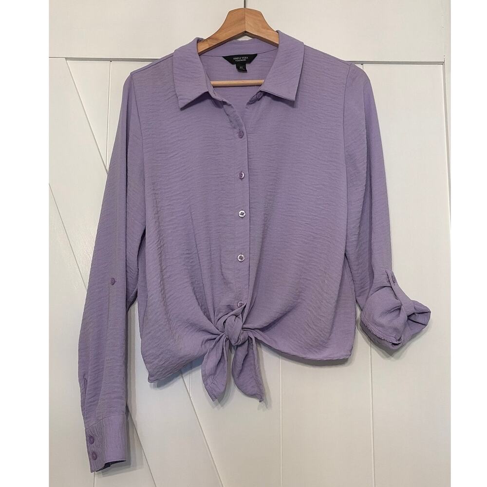 Simply Vera Vera Wang Lavender Medium Tie Front Button Up Blouse Roll Tab Sleeve - Picture 2 of 7